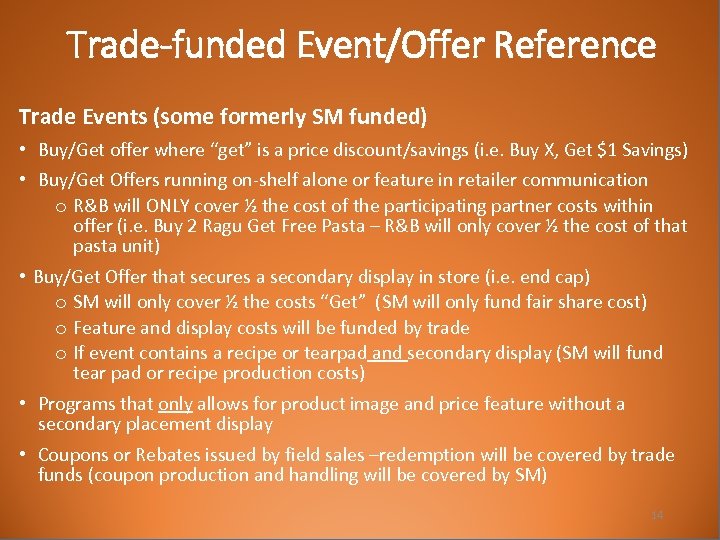 Trade-funded Event/Offer Reference Trade Events (some formerly SM funded) • Buy/Get offer where “get”