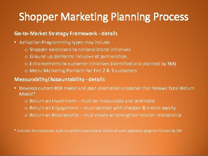 Shopper Marketing Planning Process Go-to-Market Strategy Framework - details • Activation Programming types may