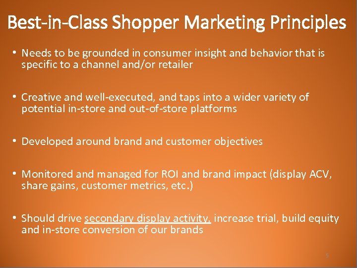 Best-in-Class Shopper Marketing Principles • Needs to be grounded in consumer insight and behavior