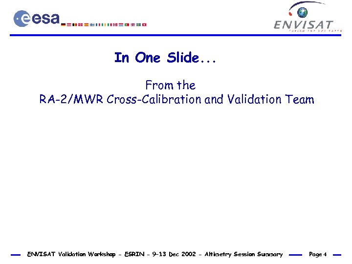 In One Slide. . . From the RA-2/MWR Cross-Calibration and Validation Team ENVISAT Validation