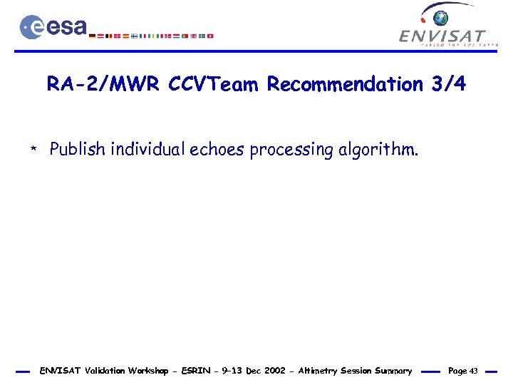RA-2/MWR CCVTeam Recommendation 3/4 * Publish individual echoes processing algorithm. ENVISAT Validation Workshop -