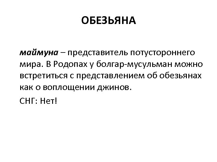 ОБЕЗЬЯНА маймуна – представитель потустороннего мира. В Родопах у болгар-мусульман можно встретиться с представлением