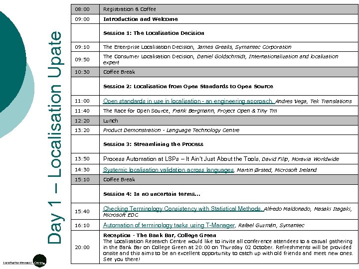 Registration & Coffee 09: 00 Day 1 – Localisation Upate 08: 00 Introduction and