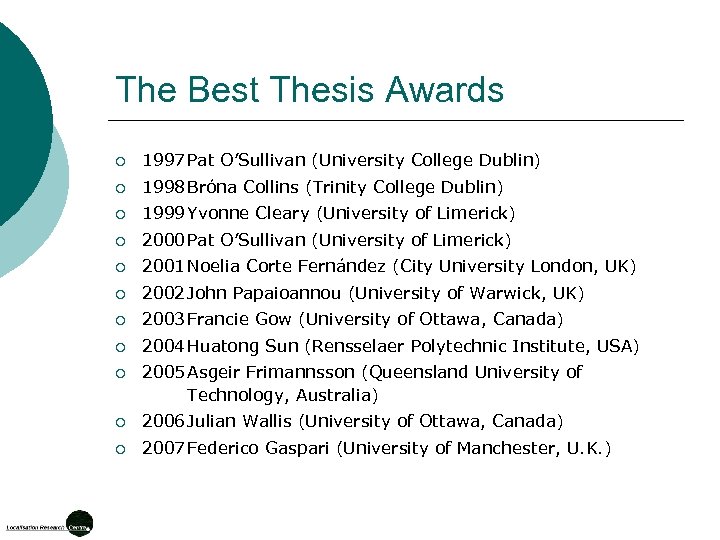 The Best Thesis Awards ¡ 1997 Pat O’Sullivan (University College Dublin) ¡ 1998 Bróna