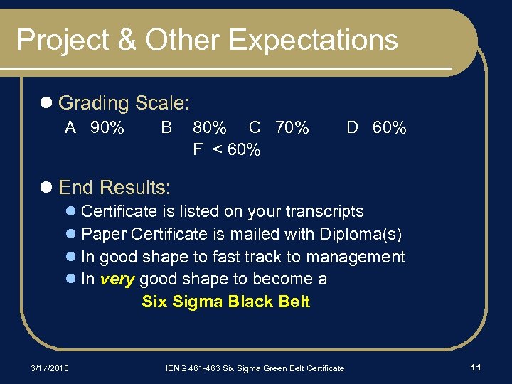 Project & Other Expectations l Grading Scale: A 90% B 80% C 70% F