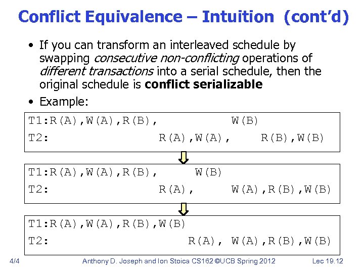 Conflict Equivalence – Intuition (cont’d) • If you can transform an interleaved schedule by