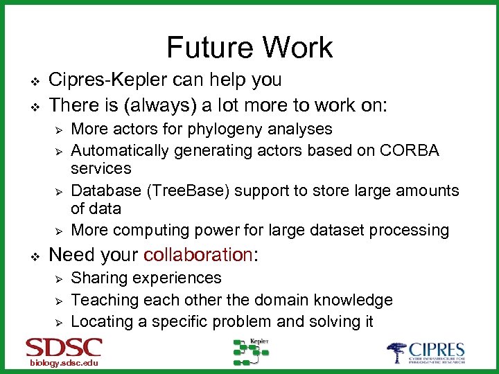 Future Work v v Cipres-Kepler can help you There is (always) a lot more