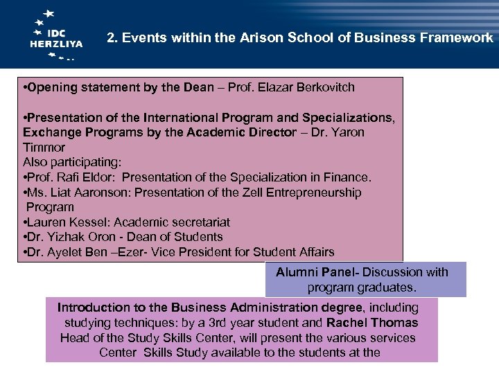 2. Events within the Arison School of Business Framework • Opening statement by the