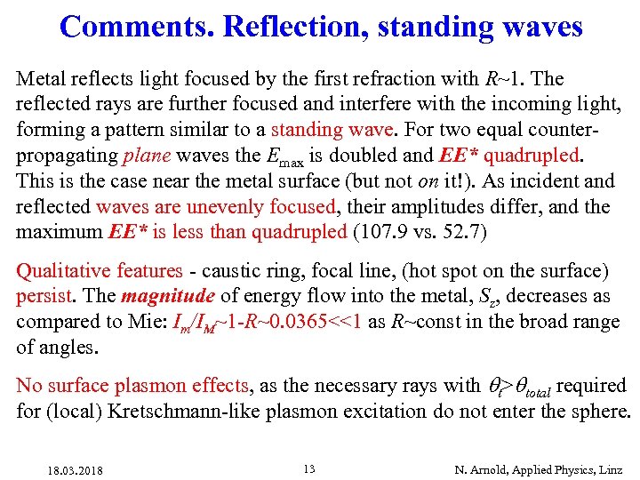 Comments. Reflection, standing waves Metal reflects light focused by the first refraction with R~1.