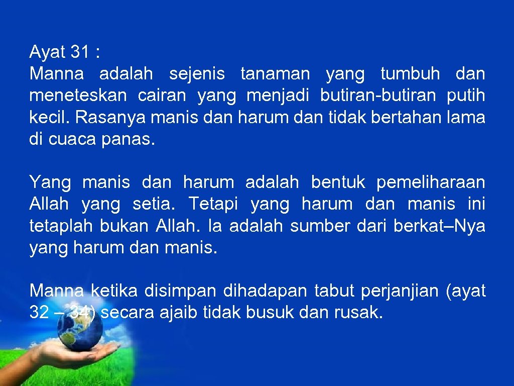 Ayat 31 : Manna adalah sejenis tanaman yang tumbuh dan meneteskan cairan yang menjadi