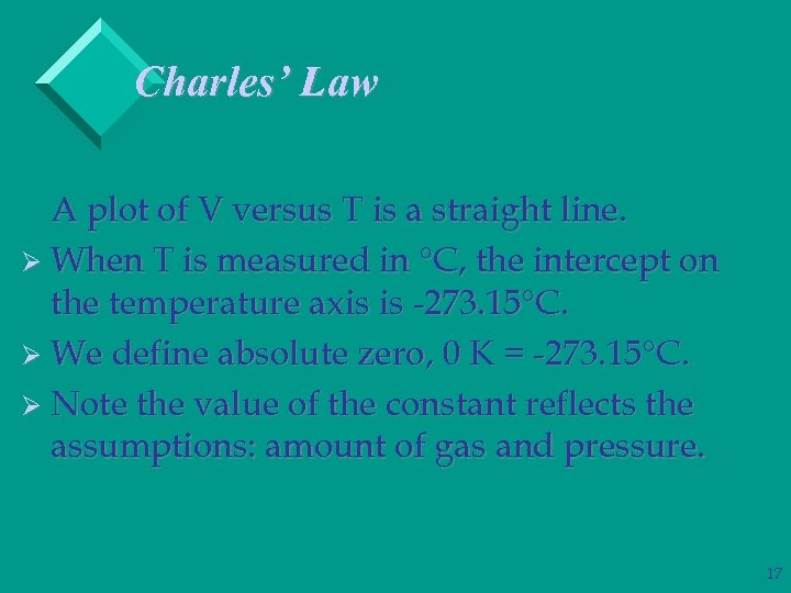 Charles’ Law A plot of V versus T is a straight line. Ø When