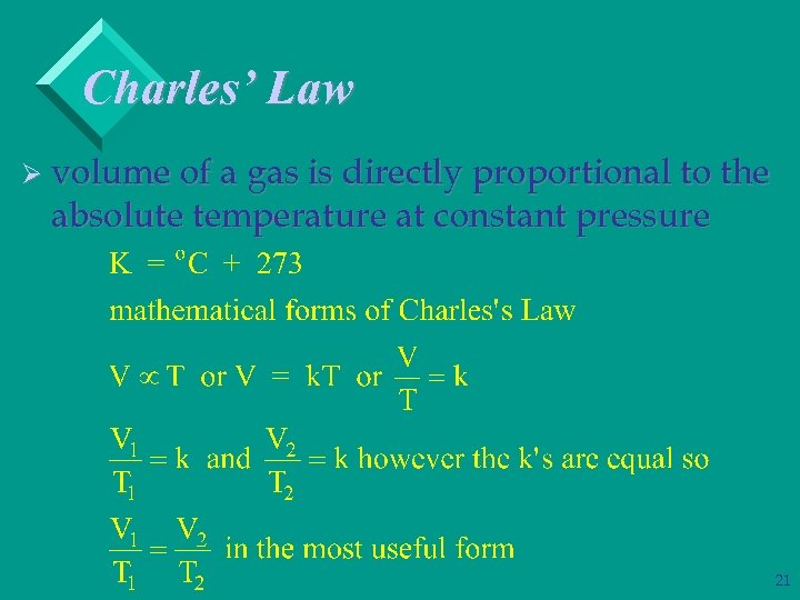 Charles’ Law Ø volume of a gas is directly proportional to the absolute temperature