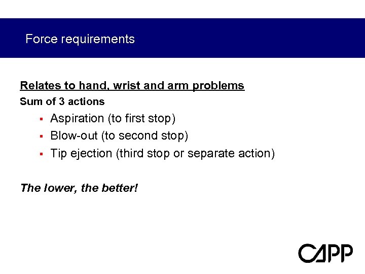 Force requirements Relates to hand, wrist and arm problems Sum of 3 actions §