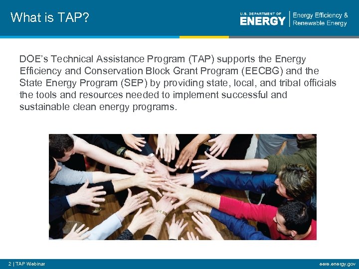 What is TAP? DOE’s Technical Assistance Program (TAP) supports the Energy Efficiency and Conservation