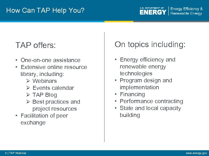How Can TAP Help You? TAP offers: On topics including: • One-on-one assistance •