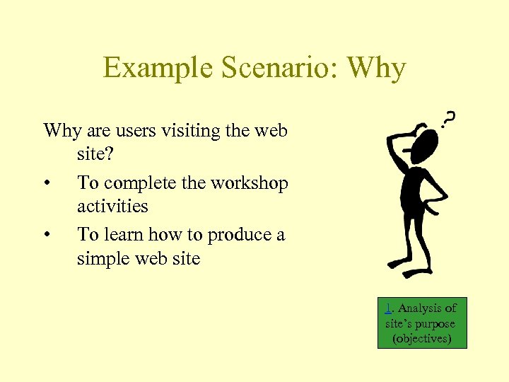 Example Scenario: Why are users visiting the web site? • To complete the workshop