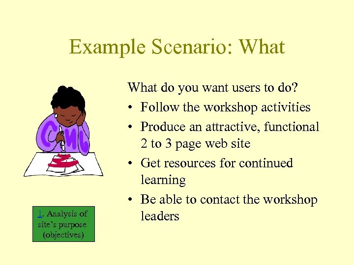 Example Scenario: What 1. Analysis of site’s purpose (objectives) What do you want users