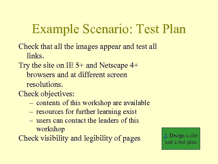 Example Scenario: Test Plan Check that all the images appear and test all links.