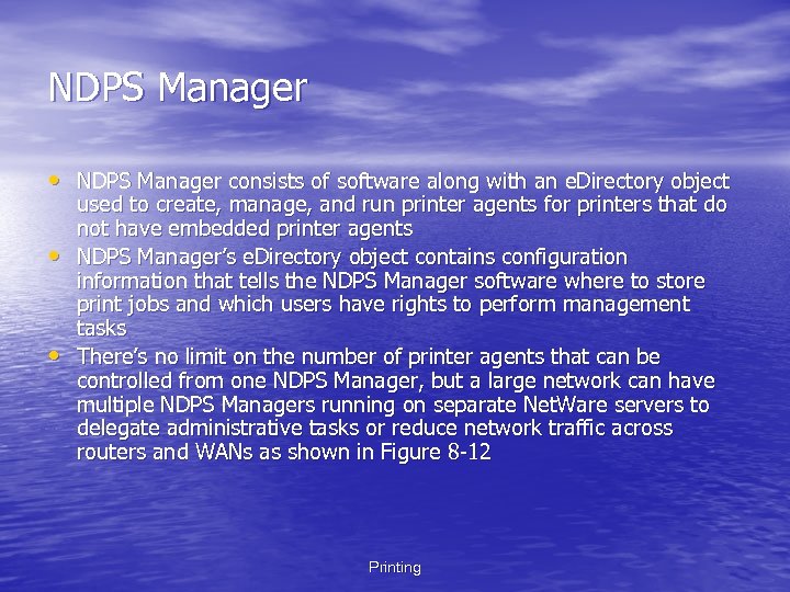 NDPS Manager • NDPS Manager consists of software along with an e. Directory object