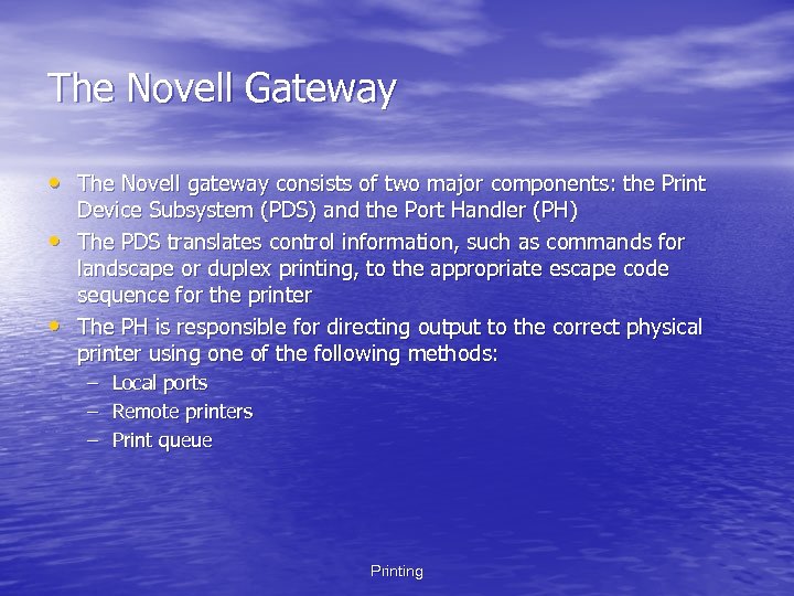 The Novell Gateway • The Novell gateway consists of two major components: the Print