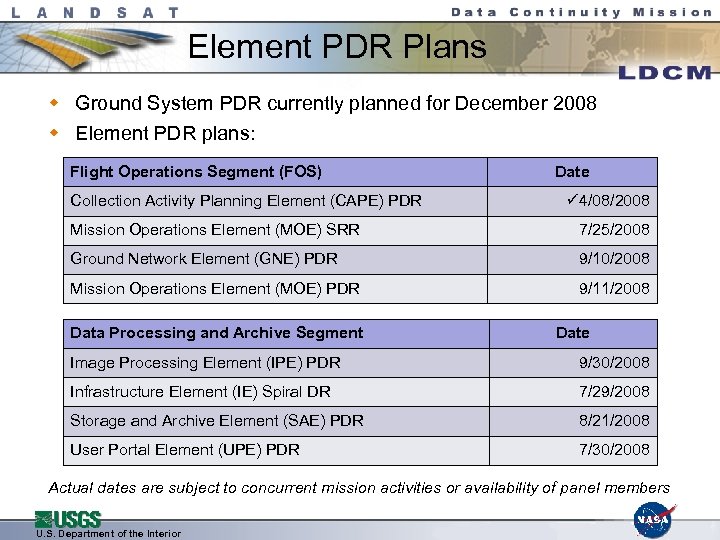 Element PDR Plans w Ground System PDR currently planned for December 2008 w Element