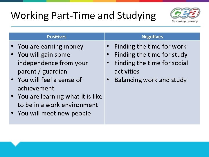 Working Part-Time and Studying Positives • You are earning money • You will gain