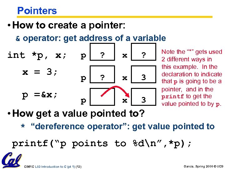 Pointers • How to create a pointer: & operator: get address of a variable