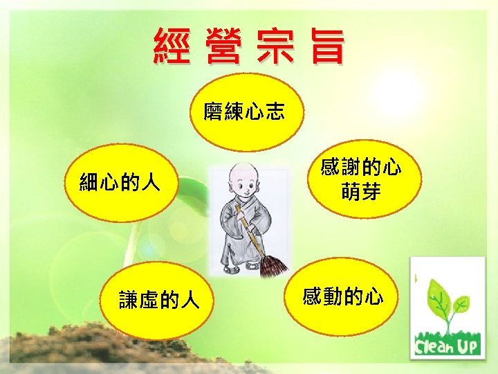 經營宗旨 磨練心志 細心的人 謙虛的人 感謝的心 萌芽 感動的心 