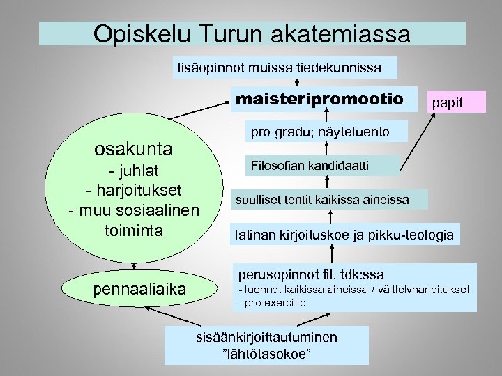Opiskelu Turun akatemiassa lisäopinnot muissa tiedekunnissa maisteripromootio pro gradu; näyteluento osakunta - juhlat -