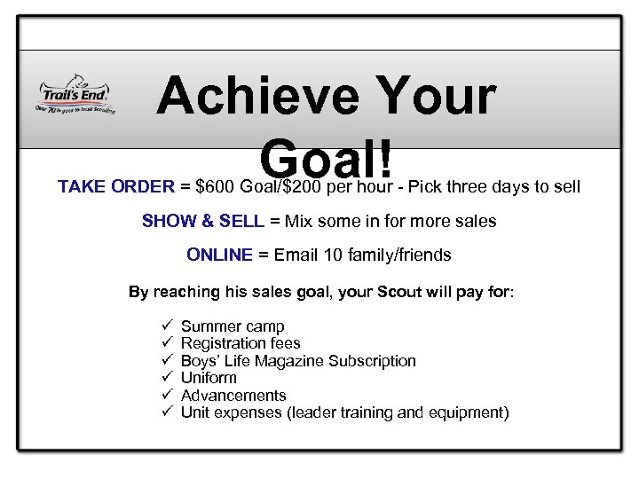 Achieve Your Goal! TAKE ORDER = $600 Goal/$200 per hour - Pick three days