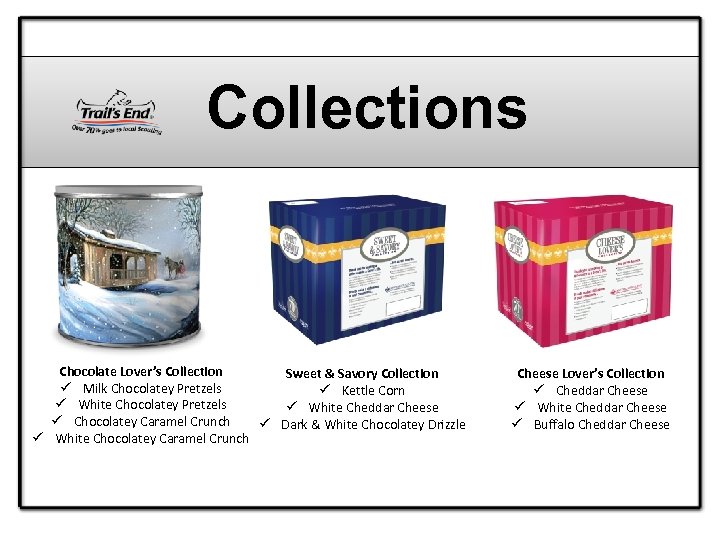 Collections Chocolate Lover’s Collection Sweet & Savory Collection ü Milk Chocolatey Pretzels ü Kettle