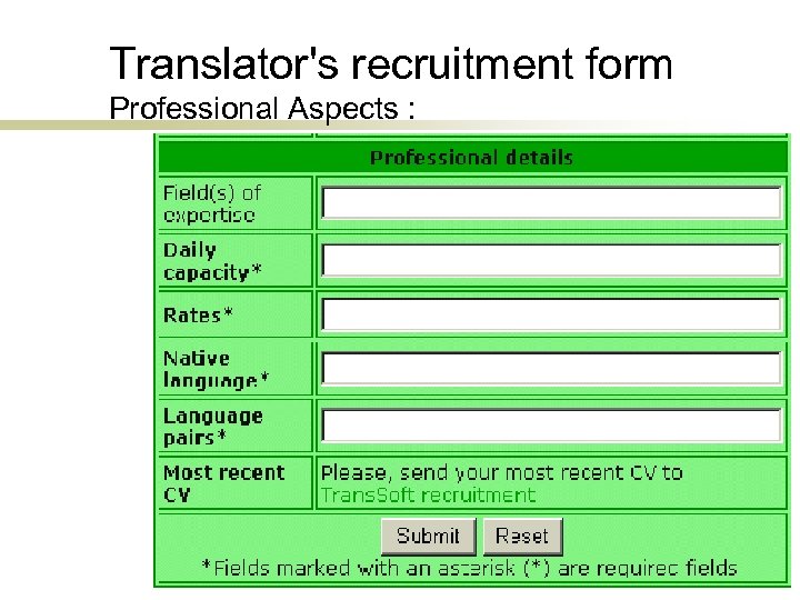 Translator's recruitment form Professional Aspects : 
