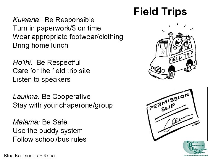 Kuleana: Be Responsible Turn in paperwork/$ on time Wear appropriate footwear/clothing Bring home lunch