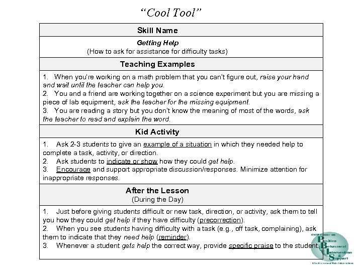 “Cool Tool” Skill Name Getting Help (How to ask for assistance for difficulty tasks)