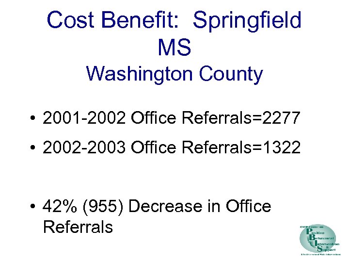 Cost Benefit: Springfield MS Washington County • 2001 -2002 Office Referrals=2277 • 2002 -2003