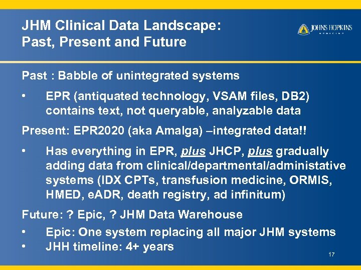JHM Clinical Data Landscape: Past, Present and Future Past : Babble of unintegrated systems