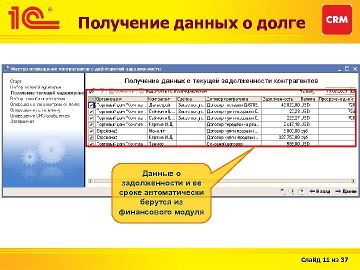 Получение данных о долге Данные о задолженности и ее сроке автоматически берутся из финансового