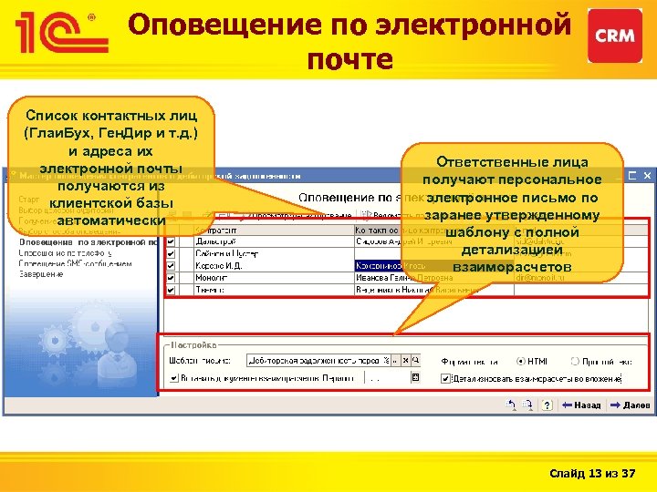 Оповещение по электронной почте Список контактных лиц (Глаи. Бух, Ген. Дир и т. д.