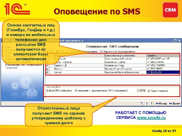 Оповещение по SMS Список контактных лиц (Глаи. Бух, Ген. Дир и т. д. )