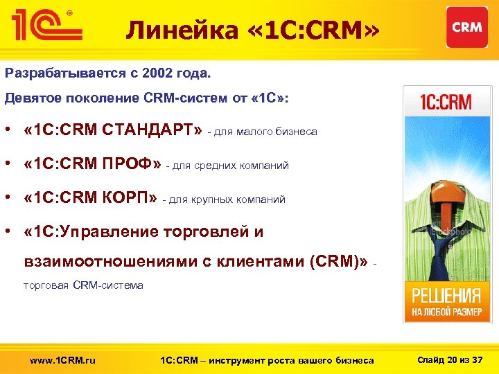 Линейка « 1 С: CRM» Разрабатывается с 2002 года. Девятое поколение CRM-систем от «