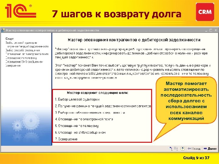 7 шагов к возврату долга Мастер помогает автоматизировать последовательность сбора долгов с использованием всех