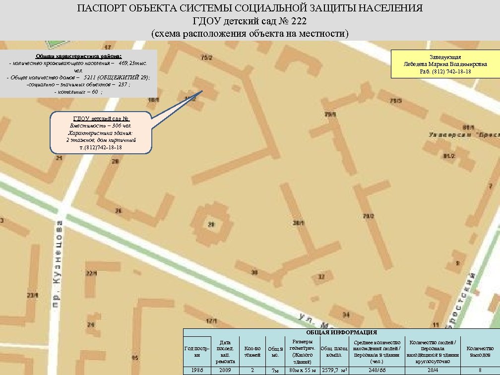 ПАСПОРТ ОБЪЕКТА СИСТЕМЫ СОЦИАЛЬНОЙ ЗАЩИТЫ НАСЕЛЕНИЯ ГДОУ детский сад № 222 (схема расположения объекта