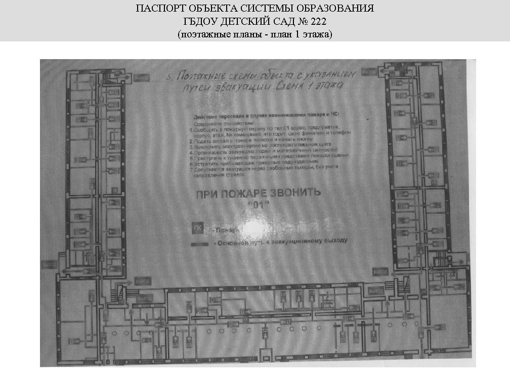 ПАСПОРТ ОБЪЕКТА СИСТЕМЫ ОБРАЗОВАНИЯ ГБДОУ ДЕТСКИЙ САД № 222 (поэтажные планы - план 1