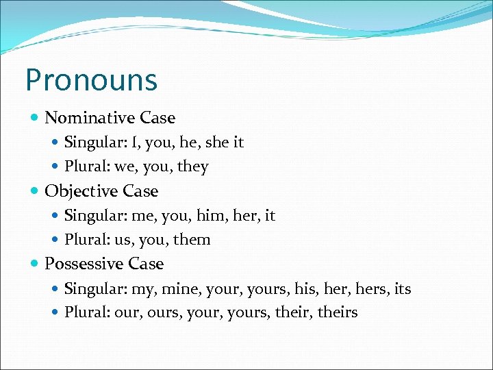 Pronouns Nominative Case Singular: I, you, he, she it Plural: we, you, they Objective