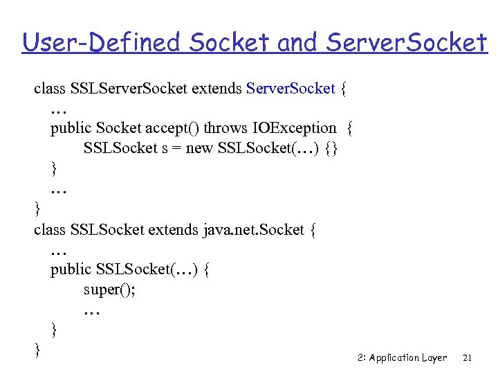User-Defined Socket and Server. Socket class SSLServer. Socket extends Server. Socket { … public