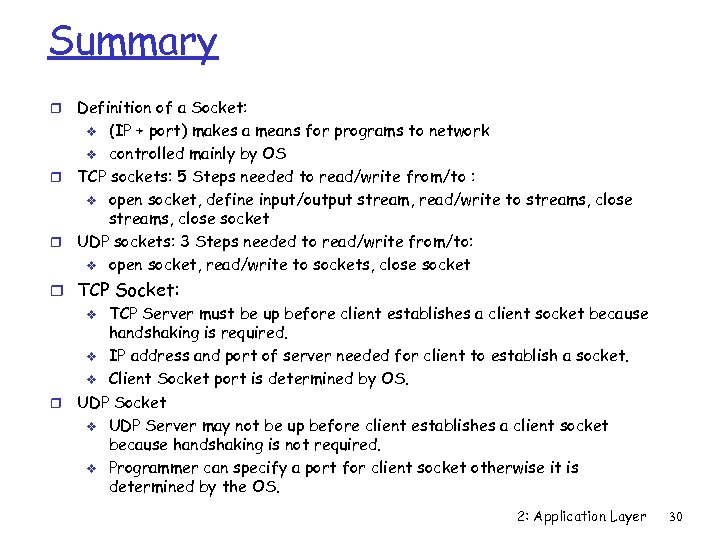Summary Definition of a Socket: v (IP + port) makes a means for programs