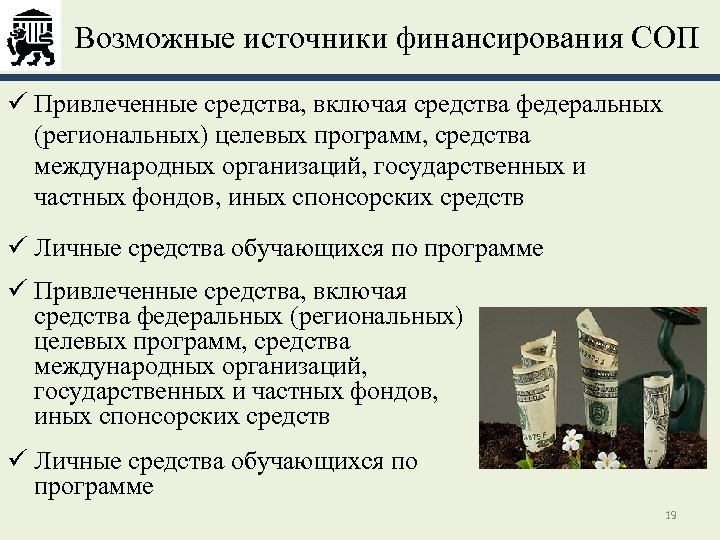 Возможные источники финансирования СОП ü Привлеченные средства, включая средства федеральных (региональных) целевых программ, средства