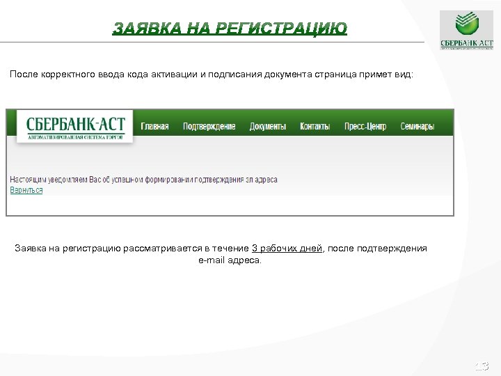 После корректного ввода кода активации и подписания документа страница примет вид: Заявка на регистрацию