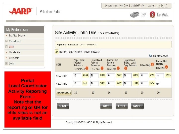 Portal Local Coordinator Activity Reporting Form – Note that the reporting of QR for