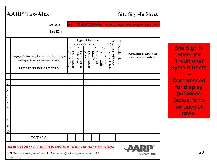 Site Sign In Sheet for “Traditional” System Users – Compressed for display purposes (actual